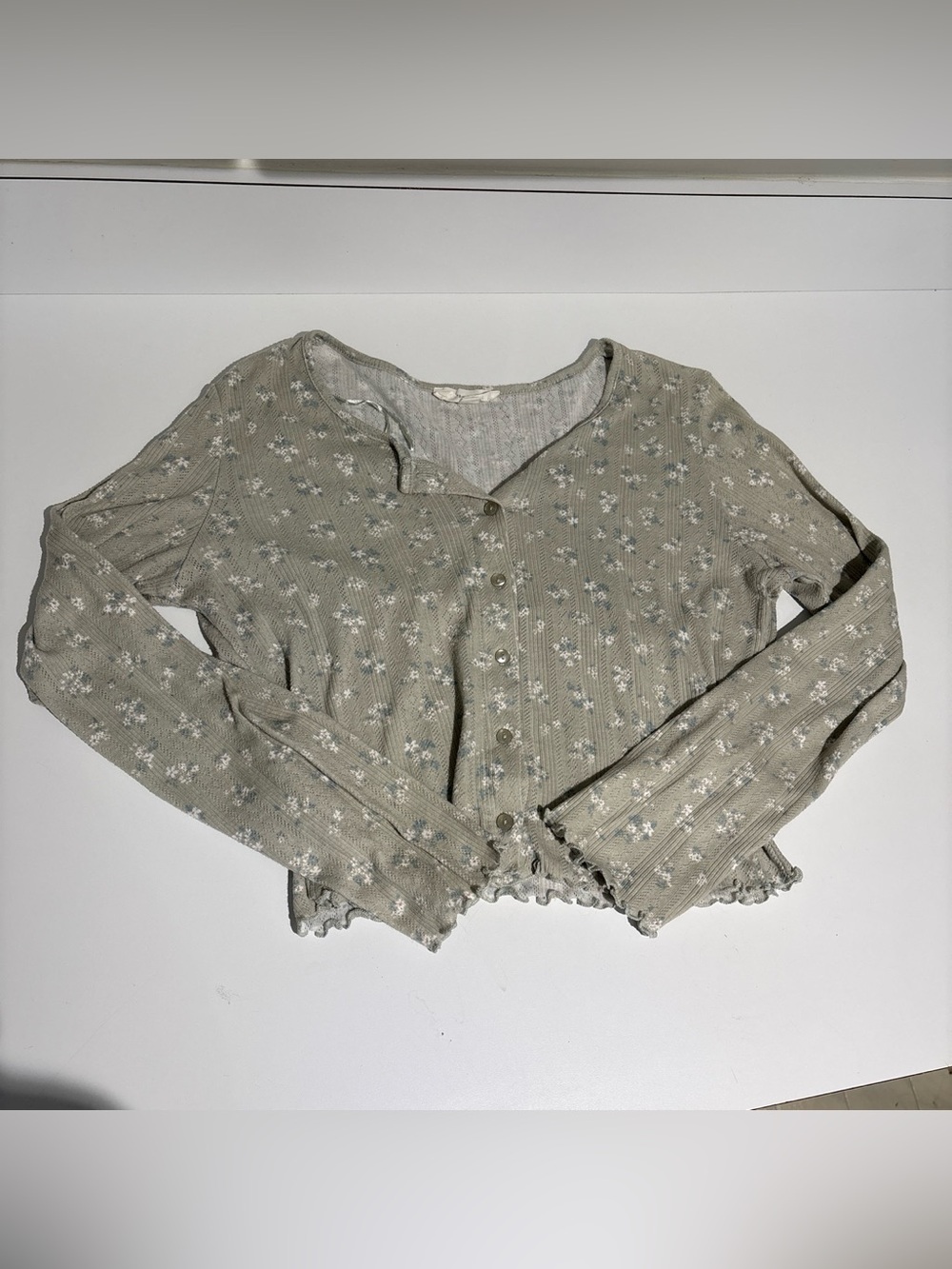 Pink Rose Sage Green Floral Ribbed Button-Front Top